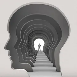Layers of walls with a cut-out of a head. At the other side is a man in a confident pose. 