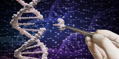 Hand holding tweezers to edit DNA strands