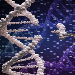 Hand holding tweezers to edit DNA strands