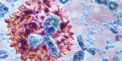 Antibodies shown in blue are suspended in a clear background near a pink cell in a 3D rendering. 