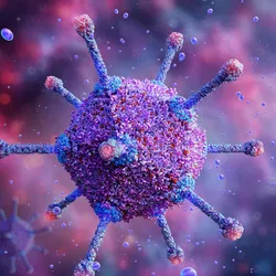 An adenovirus is shown as a purple and blue and pink sphere with protrusions against a multicolored background. 