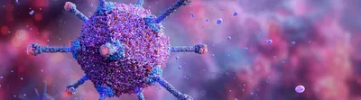 An adenovirus is shown as a purple and blue and pink sphere with protrusions against a multicolored background. 