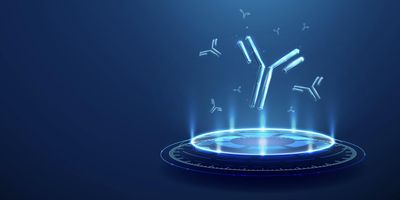 3D molecular rendering of antibody proteins with blue and gold surface structures floating against a soft blue background