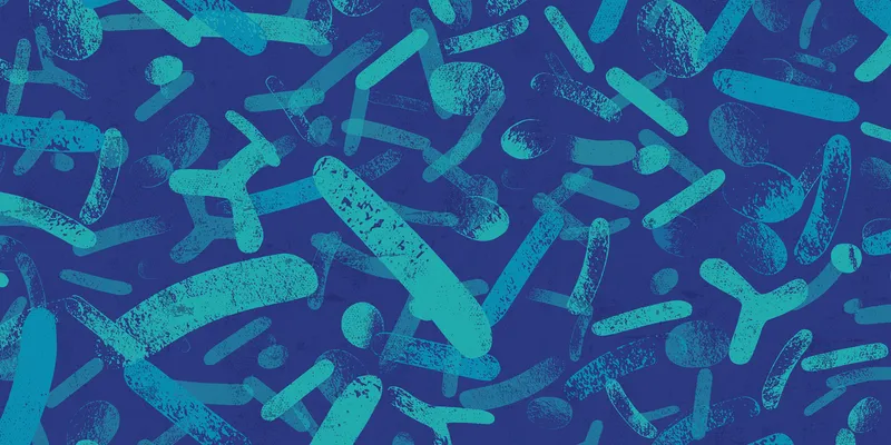Abstract blue backgrounds with bacterial shapes. 
