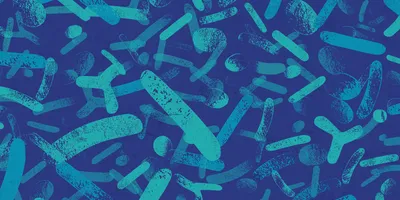 Abstract blue backgrounds with bacterial shapes. 