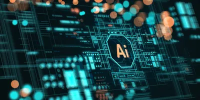 Illustration of AI board with the word AI in the center and abstract bokeh around it
