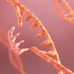 3D illustration of DNA and RNA strands with elements representing gene editing and genetic modification.