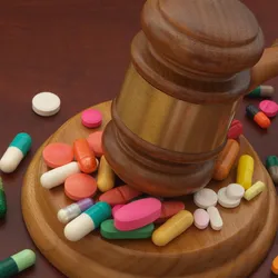 Wooden judge gavel with drugs on brown table