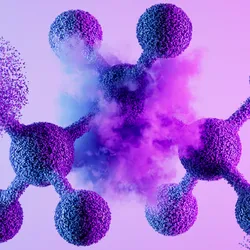 Abstract image of a molecule on a purple background, bursting into particles. 