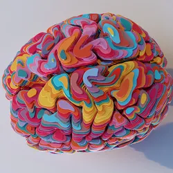 Model of a brain viewed from above, sliced into many horizontal multi-coloured layers of shiny metallic material, stacked up to form brain model. The model sits on a plain white surface with shadow.