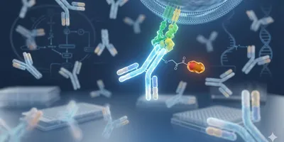 A clean, 3D scientific visualization of an antibody-drug conjugate (ADC) binding to a green cellular receptor, surrounded by a library of Y-shaped antibodies and laboratory microplates in a blue-toned digital environment.