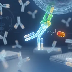 A clean, 3D scientific visualization of an antibody-drug conjugate (ADC) binding to a green cellular receptor, surrounded by a library of Y-shaped antibodies and laboratory microplates in a blue-toned digital environment.