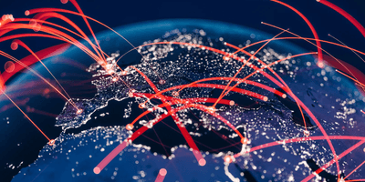 Illustration of a glowing digital globe with interconnected lines and nodes representing a global communication network and worldwide data connectivity.