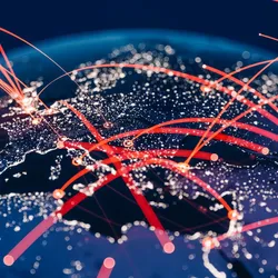 Illustration of a glowing digital globe with interconnected lines and nodes representing a global communication network and worldwide data connectivity.