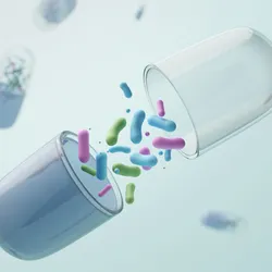 Opened medicine capsule revealing diverse multi-strain probiotic bacteria.