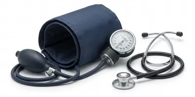 Image of a blood pressure cuff beside a stethoscope