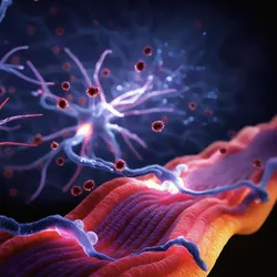 Illustration of motor neurons with branching dendrites and axons connecting to muscle fibers, highlighting neural signaling in ALS