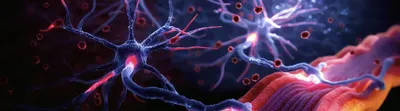 Illustration of motor neurons with branching dendrites and axons connecting to muscle fibers, highlighting neural signaling in ALS