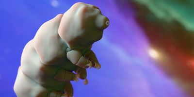 Close-up image of a tardigrade rendered in vibrant rainbow colors, showing its segmented body and multiple legs
