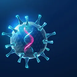 Abstract 3D illustration of a blue virus particle with a purple DNA double helix inside, representing genetic material within a viral structure.