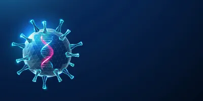 Abstract 3D illustration of a blue virus particle with a purple DNA double helix inside, representing genetic material within a viral structure.