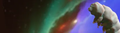 Close-up image of a tardigrade rendered in vibrant rainbow colors, showing its segmented body and multiple legs