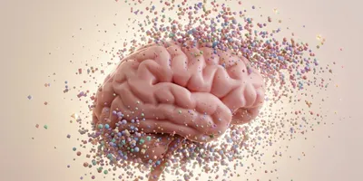 A brain in a cream background with confetti around it