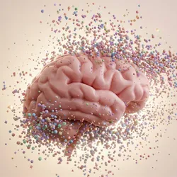 A brain in a cream background with confetti around it