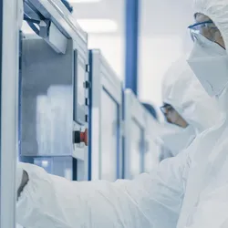A cleanroom technician in full protective gear operates equipment in a sterile pharmaceutical manufacturing environment, illustrating aseptic processes and contamination control.