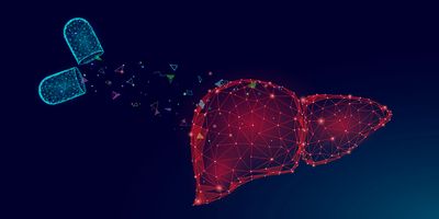 3D medical illustration of a human liver with glowing molecular structures and chemical overlays.