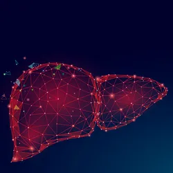 3D medical illustration of a human liver with glowing molecular structures and chemical overlays.