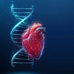 Digital illustration of a human heart intertwined with a glowing DNA helix.