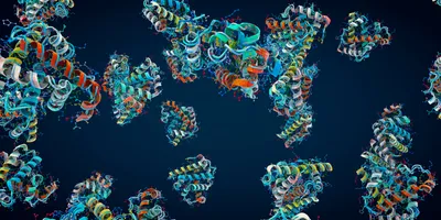 3D illustration of multiple colourful proteins.