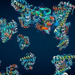 3D illustration of multiple colourful proteins.