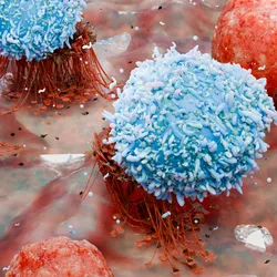 body immune response viral infection, lymphocytes, Cancer Immunotherapy, T cell and B-cell immune system fighting viruses, flagella, Dendritic or cancer tumor cells, Bacteria, 3d render