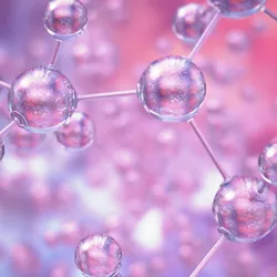 Molecular structure visualization against a colorful abstract background