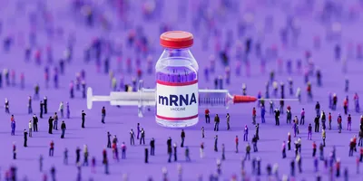 Human crowd surrounding an injectable mRNA vaccine bottle on purple background. 