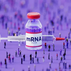 Human crowd surrounding an injectable mRNA vaccine bottle on purple background. 