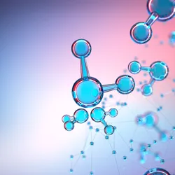 Abstract 3D network visualization with interconnected molecular structures in blue and pink tones.