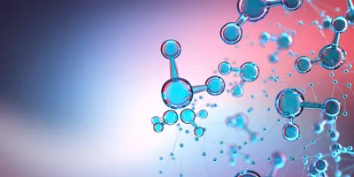 Abstract 3D network visualization with interconnected molecular structures in blue and pink tones.