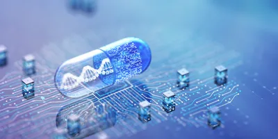 Genetic material in a pill, surrounded by computational imagery. 