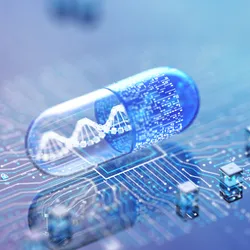 Genetic material in a pill, surrounded by computational imagery. 
