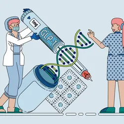 Illustration of a masked doctor pointing a GLP-1 injector towards someone with a DNA strand coming out of the cover,