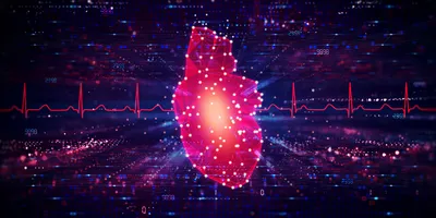 Stylized digital illustration of a glowing human heart overlaid with electrocardiogram waveforms and data visualizations.