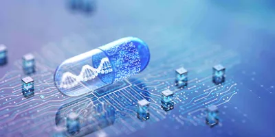 A see-through pill with a white DNA spiral and circuit boards integrated into it.