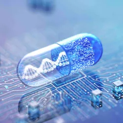 A see-through pill with a white DNA spiral and circuit boards integrated into it.