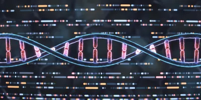 Colorful DNA helix with conceptual polymer sequencing data in the background