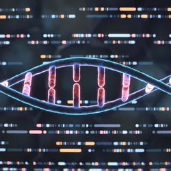 Colorful DNA helix with conceptual polymer sequencing data in the background