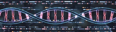 Colorful DNA helix with conceptual polymer sequencing data in the background