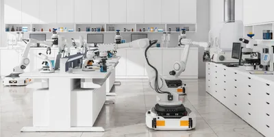 Robots working in a science laboratory.